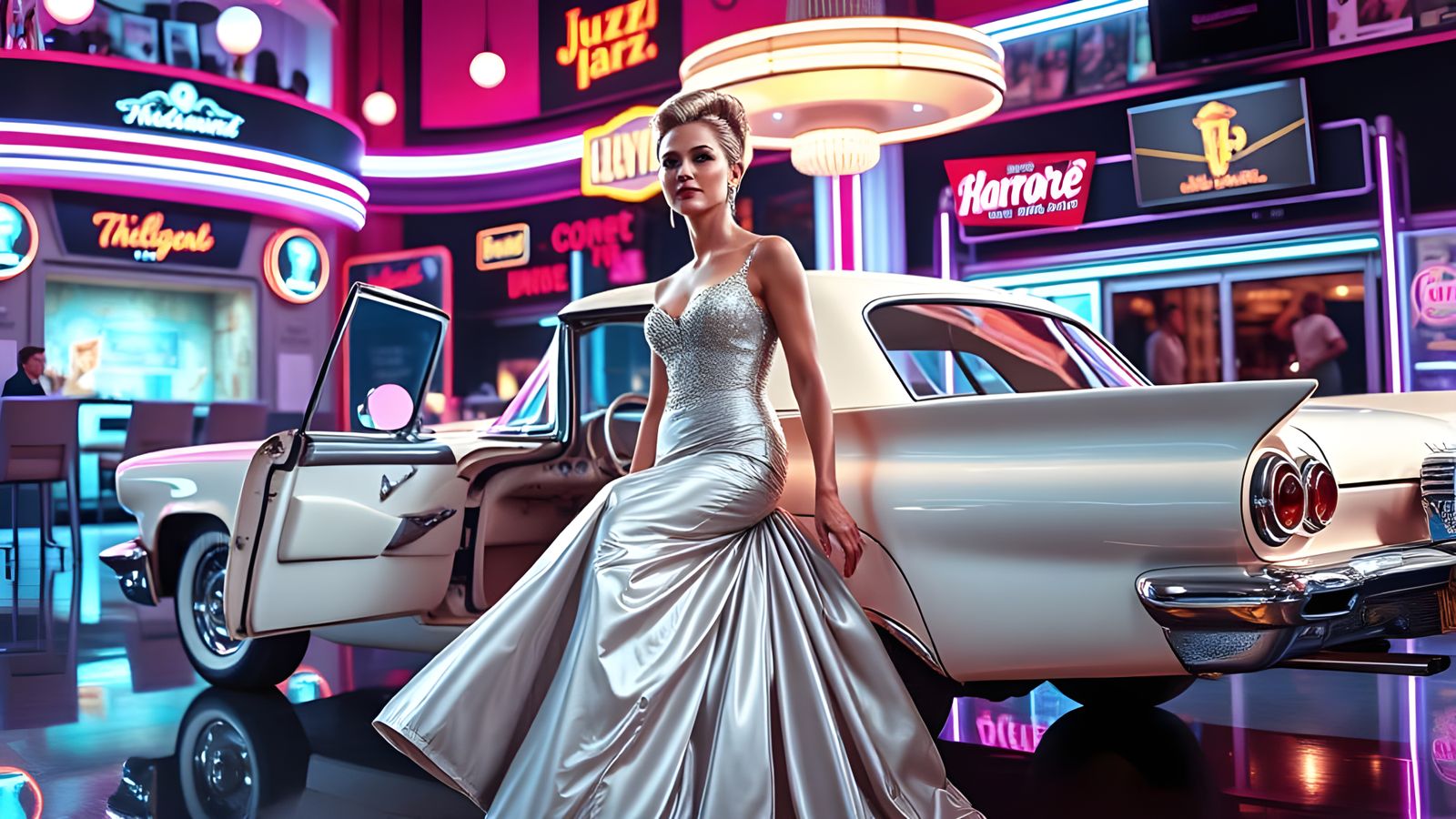 Futuristic Jazz Lounge with Retro Thunderbird Car