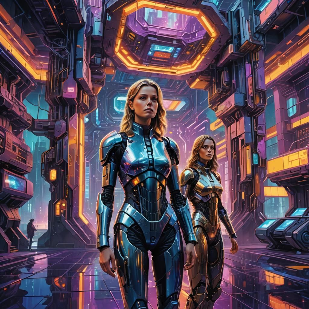 Bionic and Cyborg Women in Futuristic Cityscape