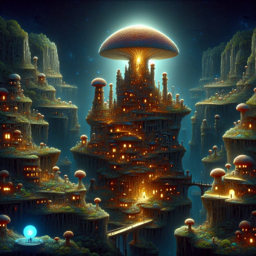 Fantastic Mushroom Castle at Night