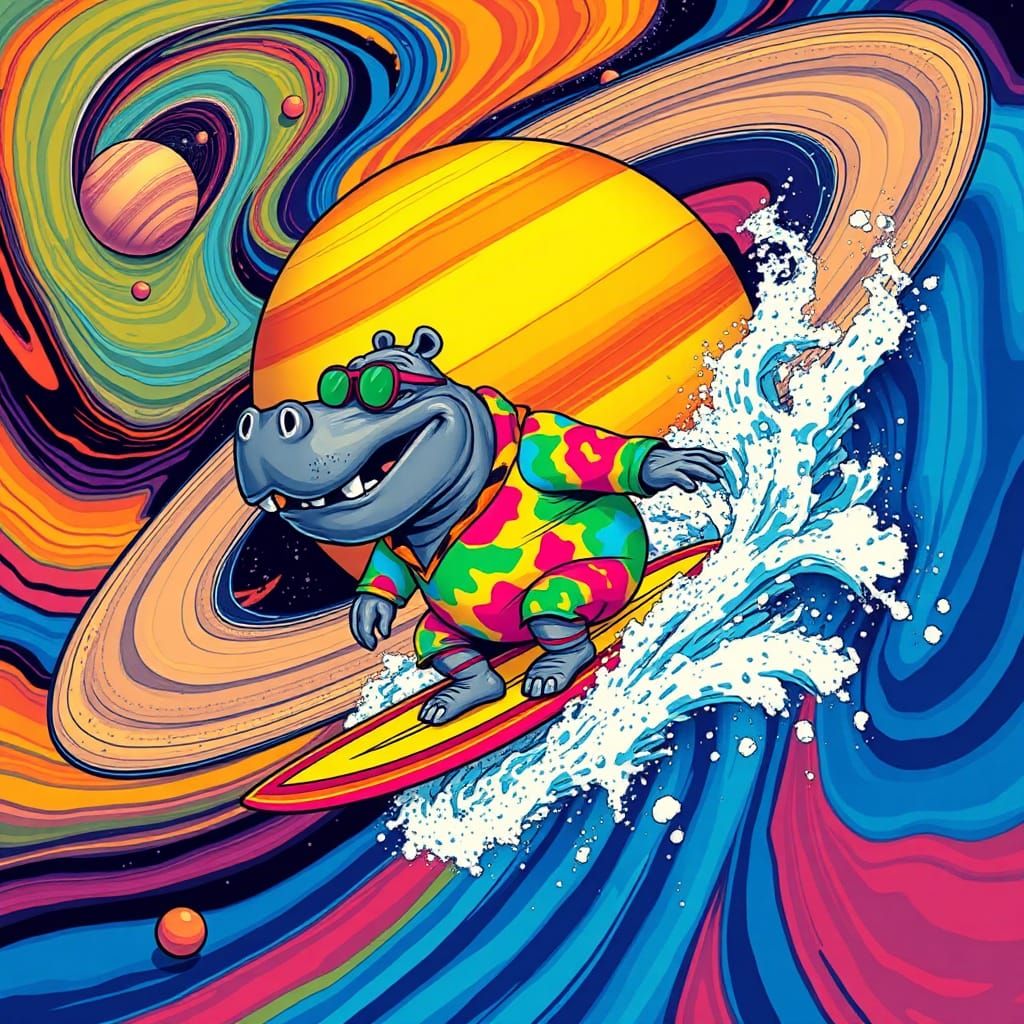 Groovy Hippo Surfer Rides Saturn in Psychedelic Art