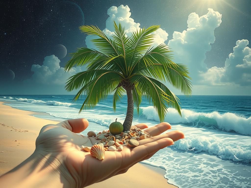 Miniature Palm Tree on Beach, Detailed Fantasy View