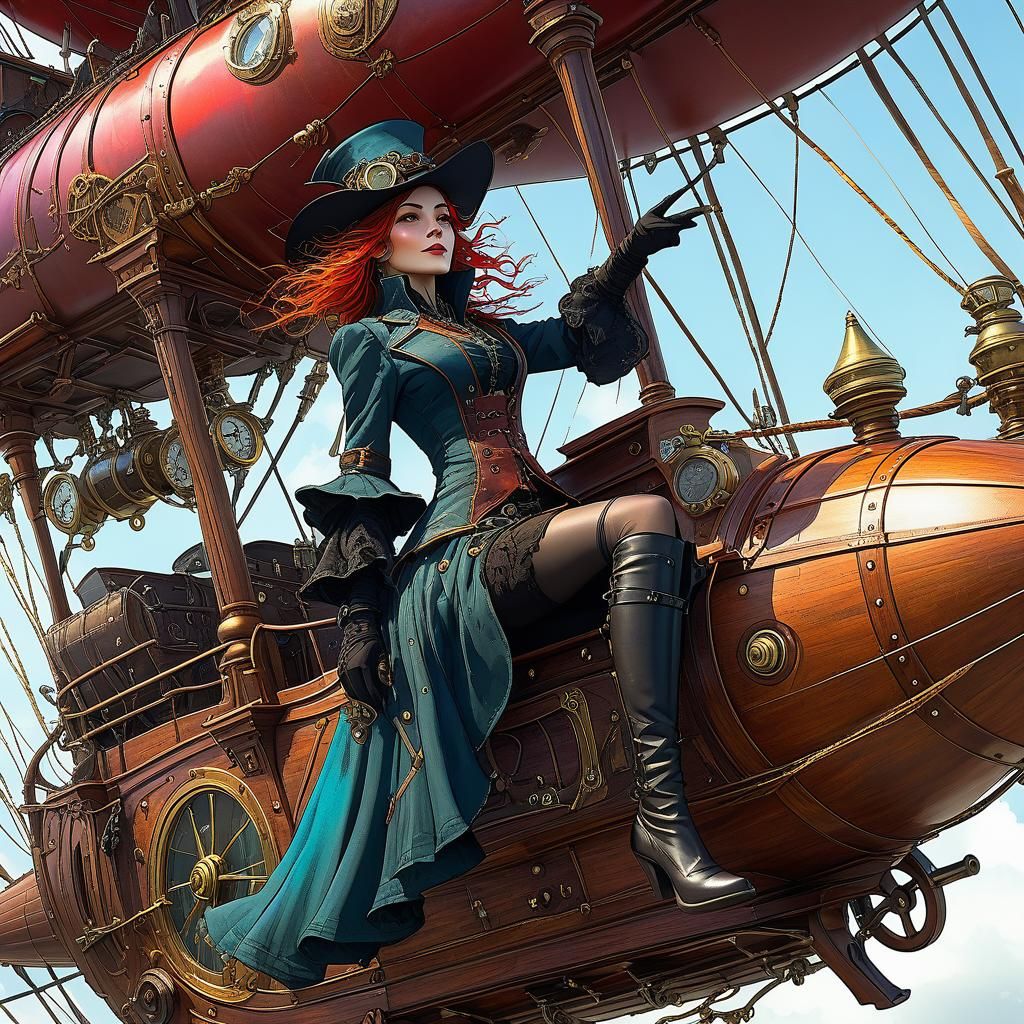 Steampunk Witch on Airship, Detailed Concept Art
