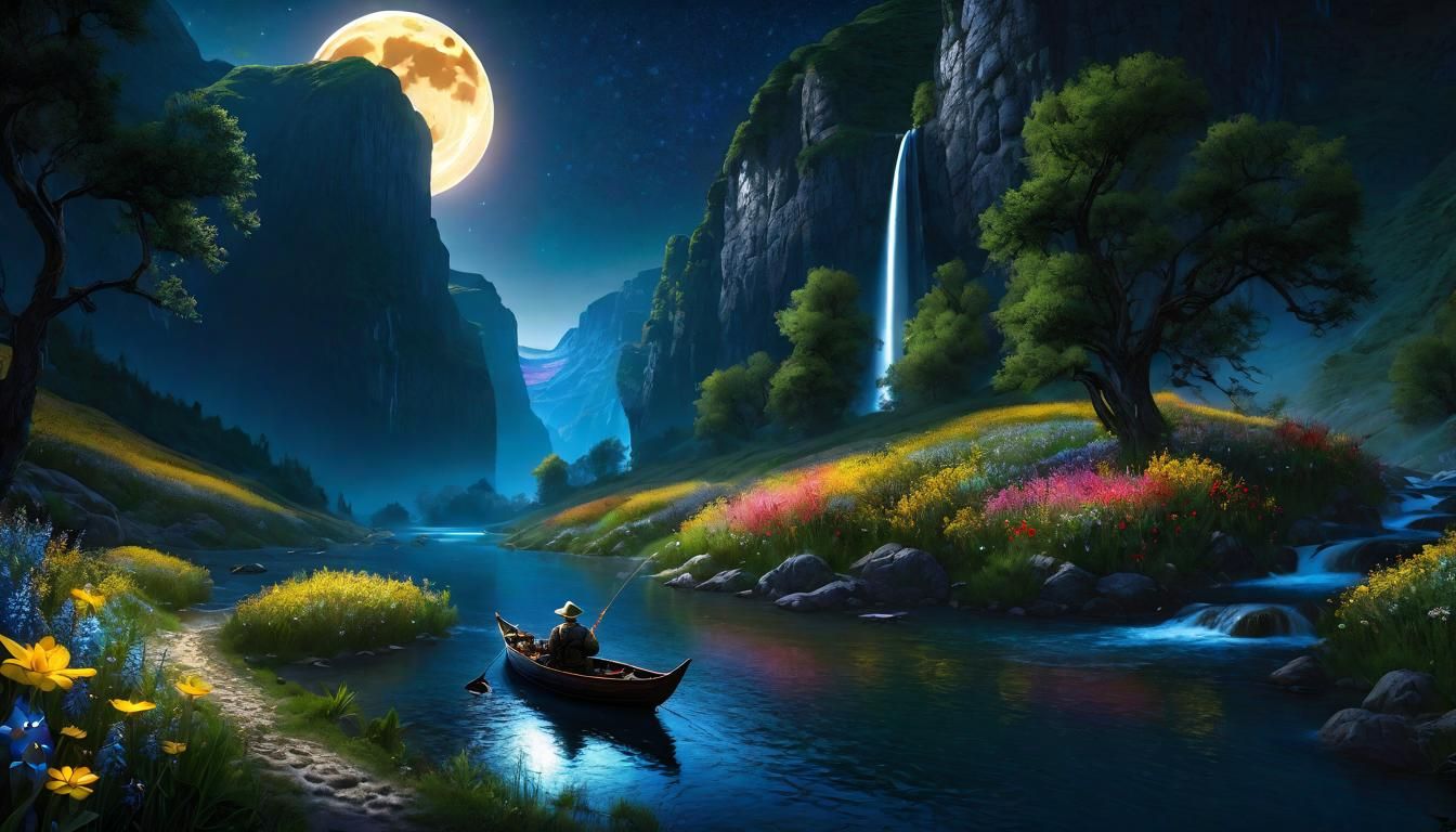 Fisherman on Mountain River Under Moonlight