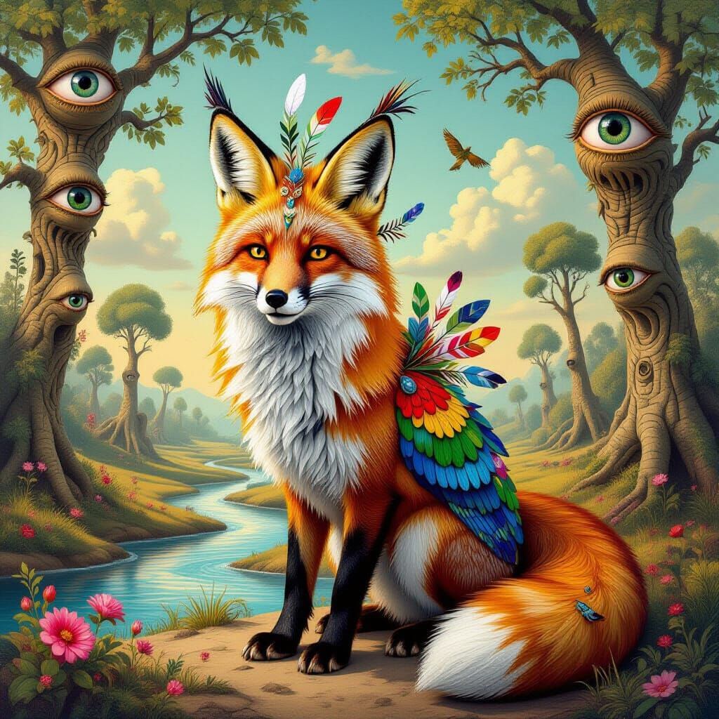 Chimeric Fox Adorned in Exotic Feathers in Surreal Landscape