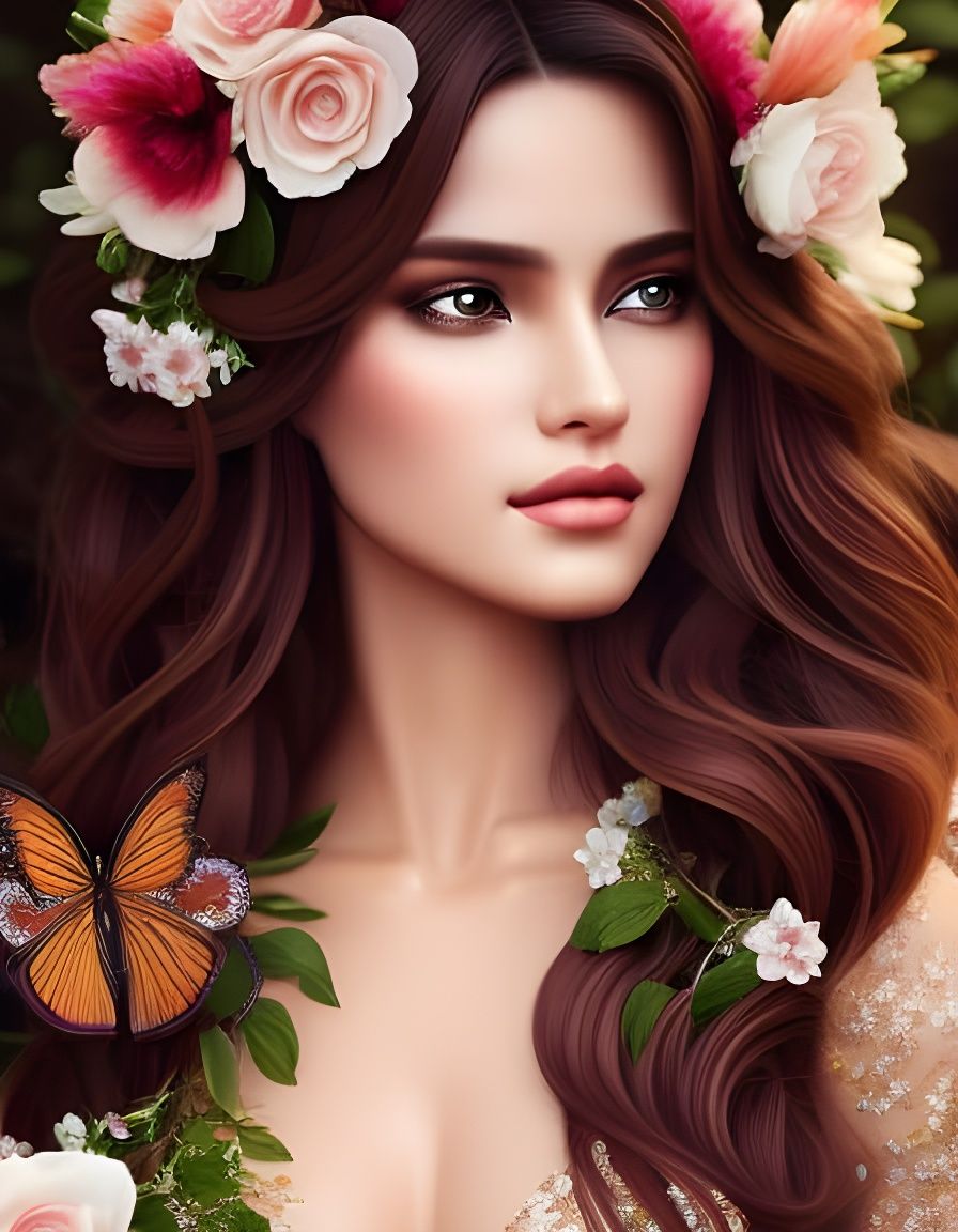 Beautiful Brown-Haired Girl Portrait with Chrysanthemums