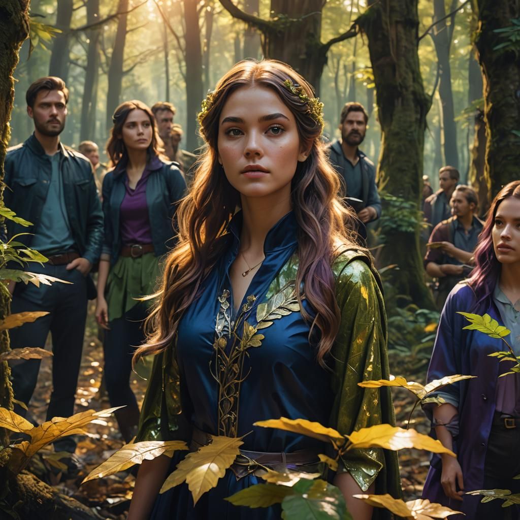 Beautiful Girl in Forest Surrounded by Men: Fantasy Art