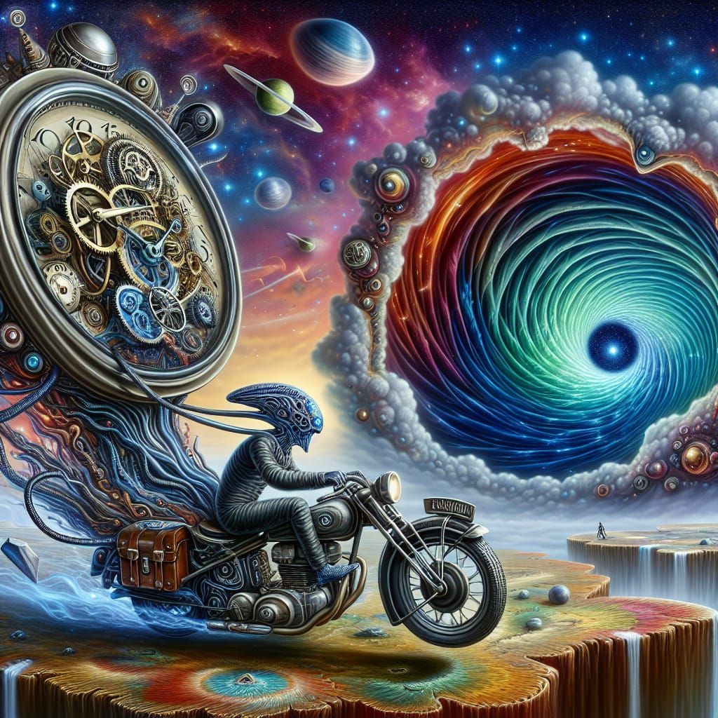 Alien Clock-Head Rides Motorcycle Through Wormhole