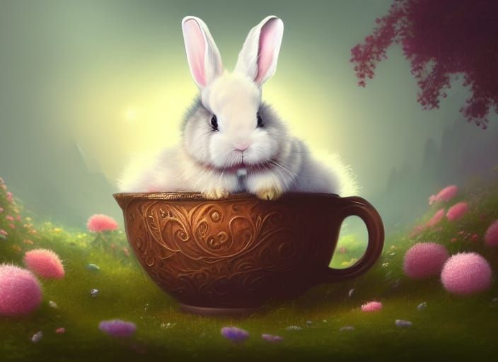 Sleeping Bunny in Teacup: Fantasy Garden Art