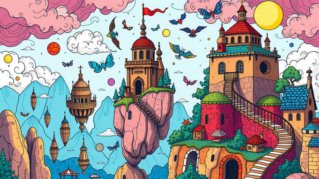 Dreamlike Doodle Art with Floating Islands