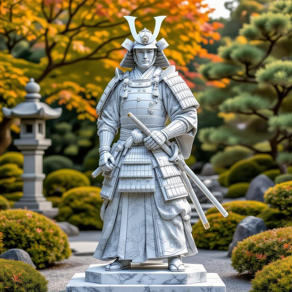 Marble Samurai Statue in Japanese Garden
