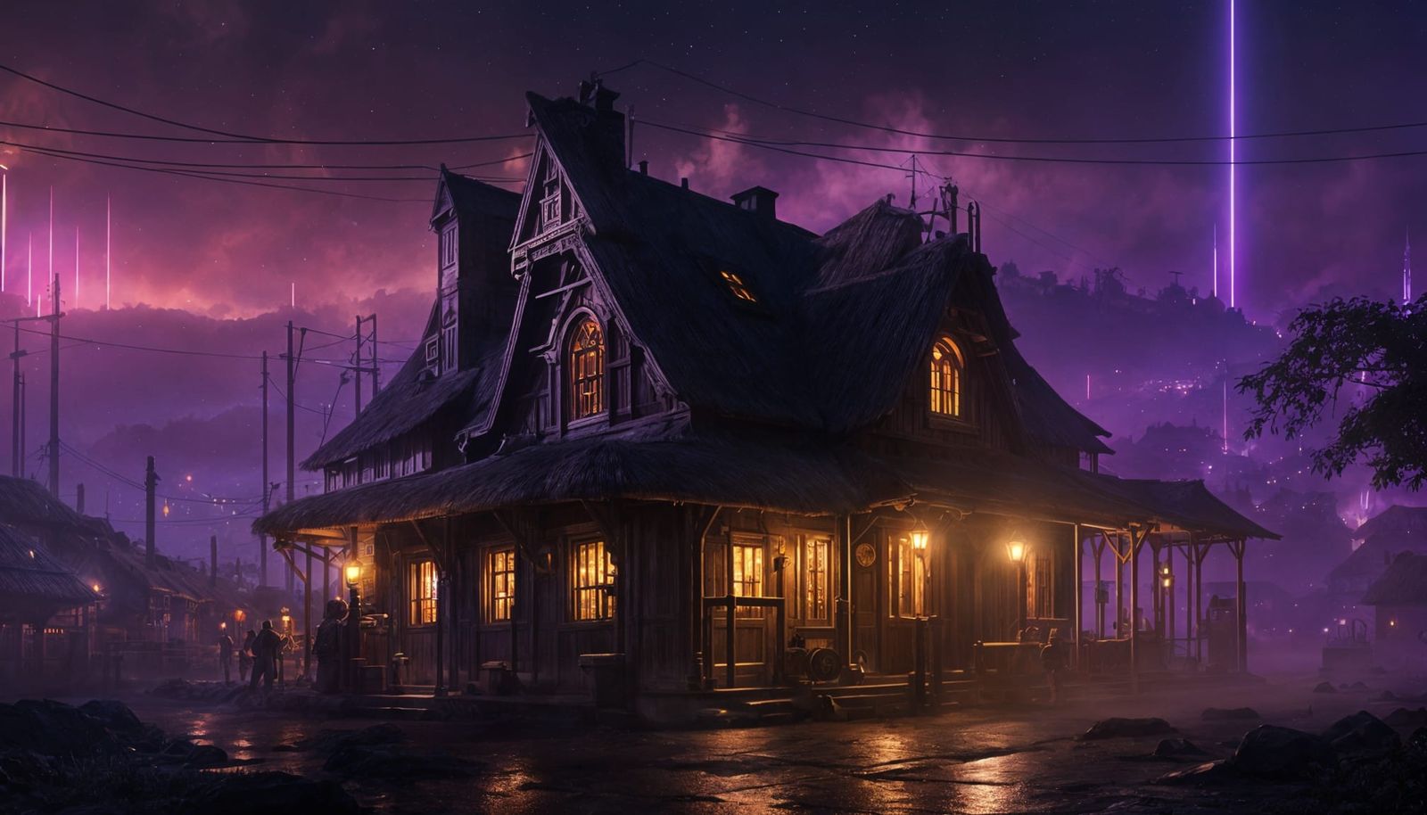 Steampunk Village Under Violet Smog and False Sky