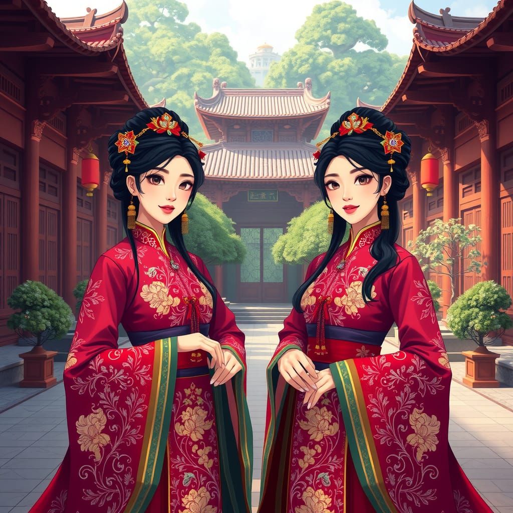 Elegant Women in Traditional Chinese Attire: Anime Style