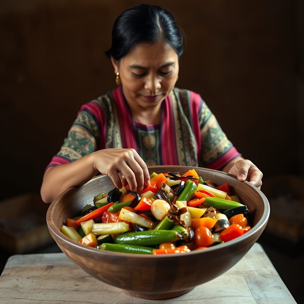 Filipina Woman Prepares Traditional Pinakbet Dish in Cozy Ki...