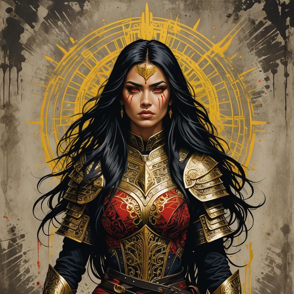 Fierce Female Warrior in Stencil Pop Art Style