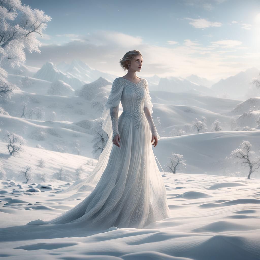 Snowy Landscape with Woman in Flowing Gown