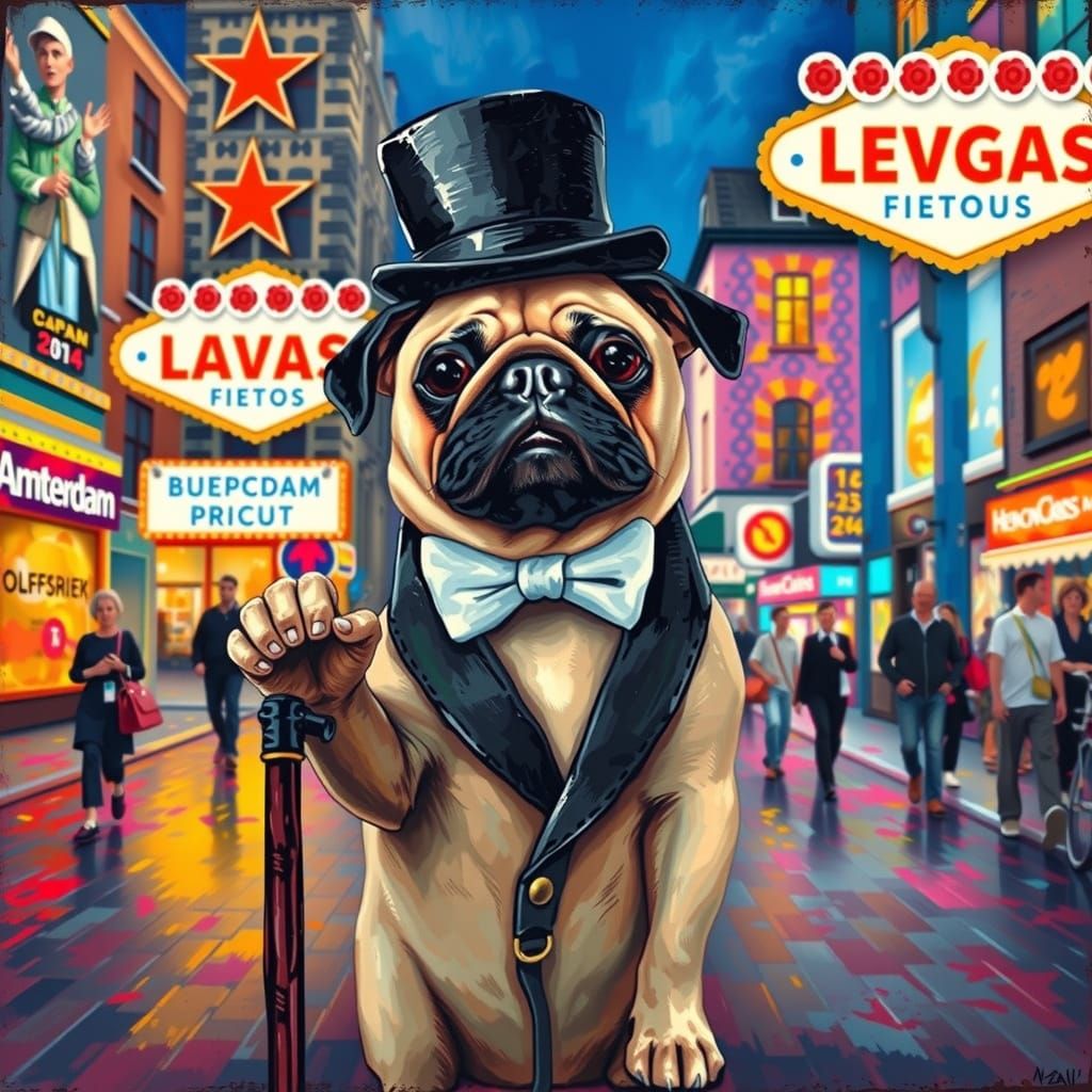 Pug Dog in Amsterdam, Neo-Impressionist Oil Painting