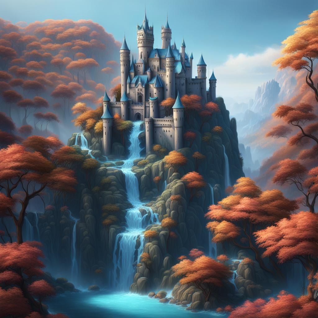Fantasy Castle on Hill with Waterfall, Digital Painting