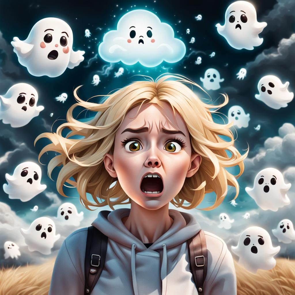Shocked Blonde Girl with Ghosts in Cloudy Sky