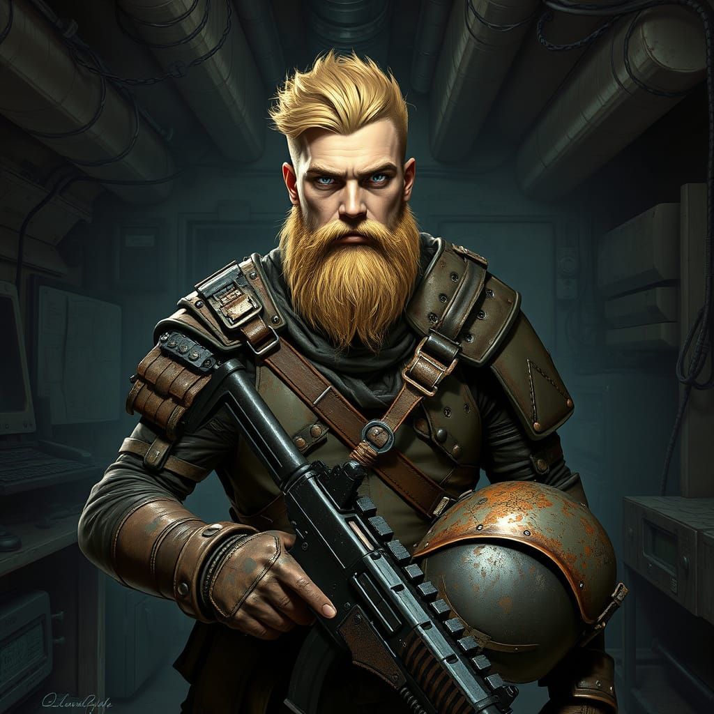 Warrior in Reclaimed Armor with Assault Rifle in Shelter
