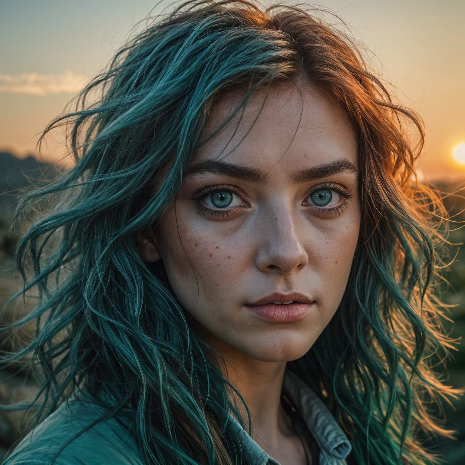 Girl with Blue-Green Eyes in Sunset, Cinematic Style