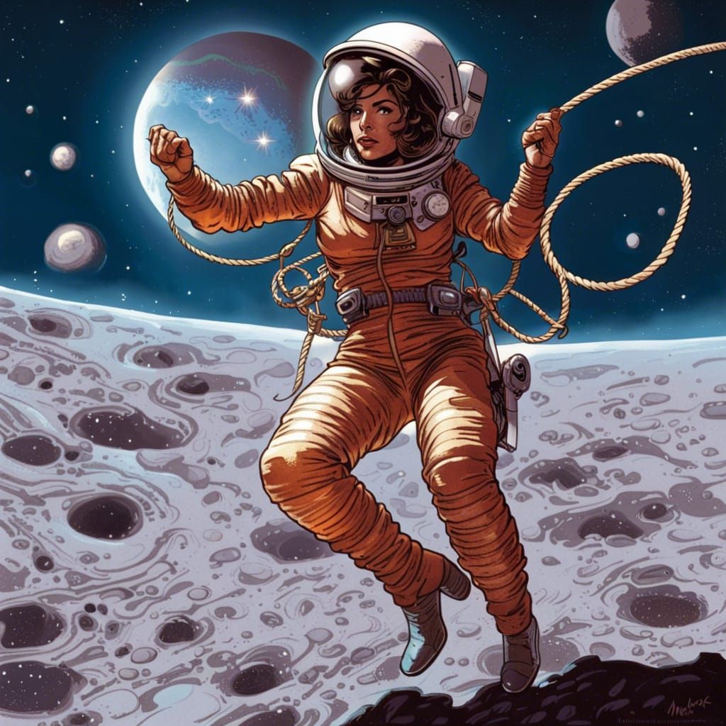 Space Cowgirl Swinging Lasso on the Moon