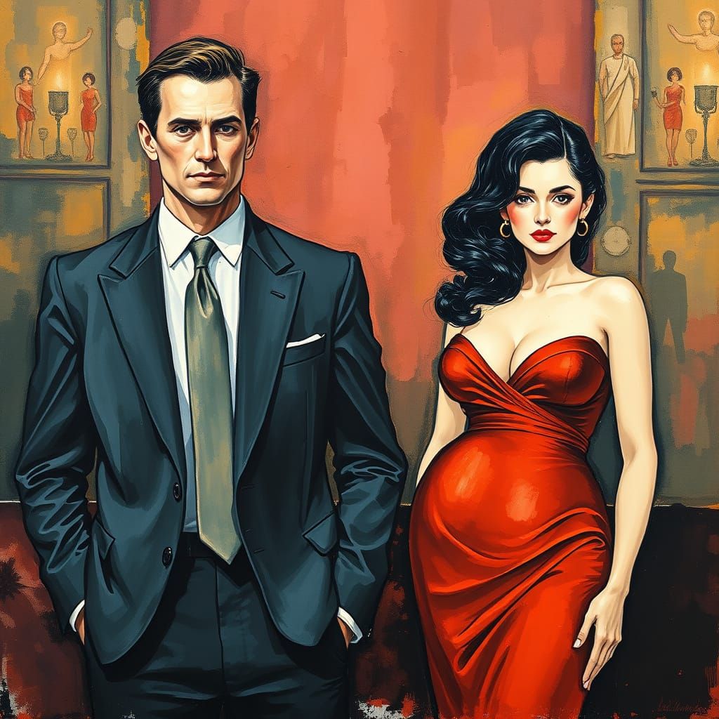 Man Averting Gaze from Woman in Gouache Style