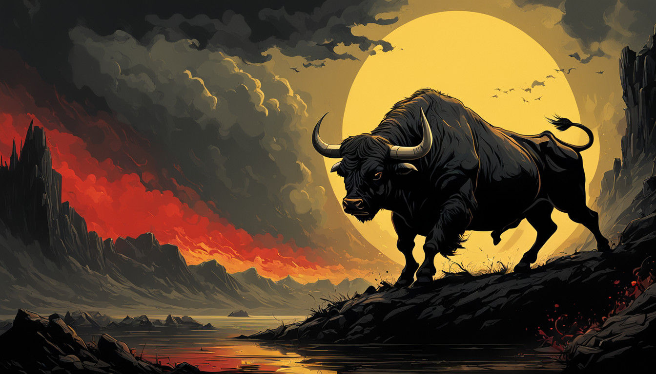 Angry Bull in Cinematic Atmosphere on Warm Yellow-Red Backgr...