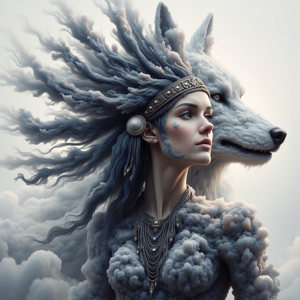 Smoky White Wolf and Native American Warrior Double Exposure