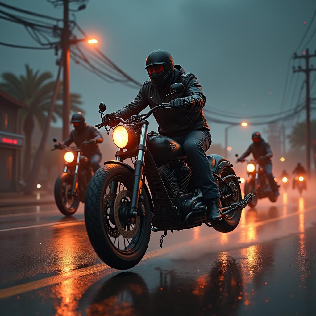 Motorcycle Gang Wheelies in Rain, Dark Fantasy Art
