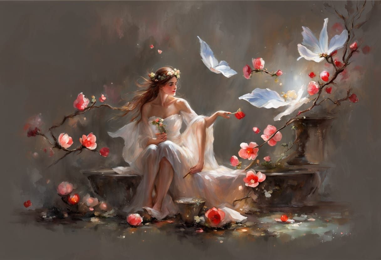 Enchanted Chaenomeles with Floating Petals, Watercolor Style