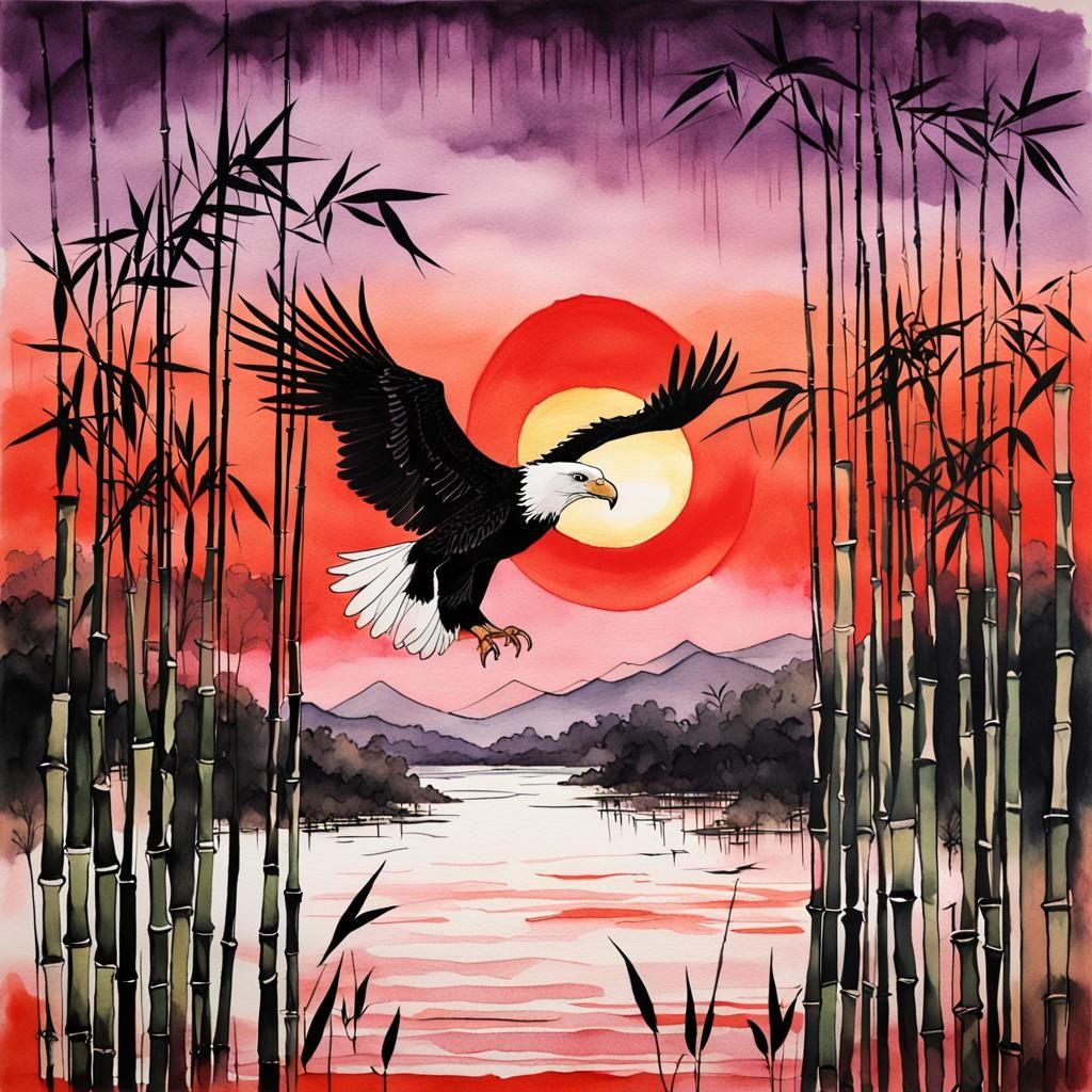 Eagle Over Bamboo Plantation in Watercolor Style