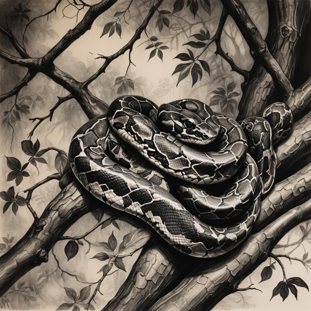 Detailed Charcoal Drawing of a Ball Python