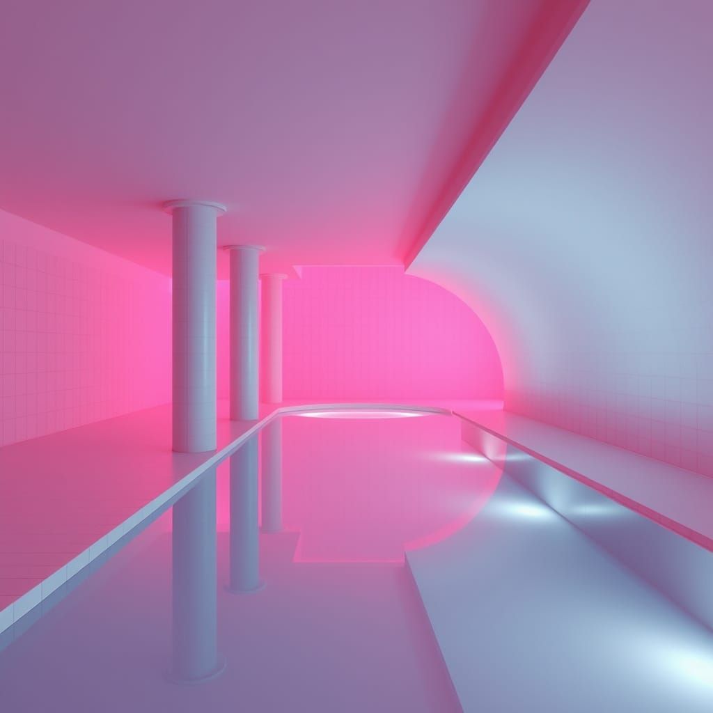 Futuristic Pink Liminal Space with Swimming Pool