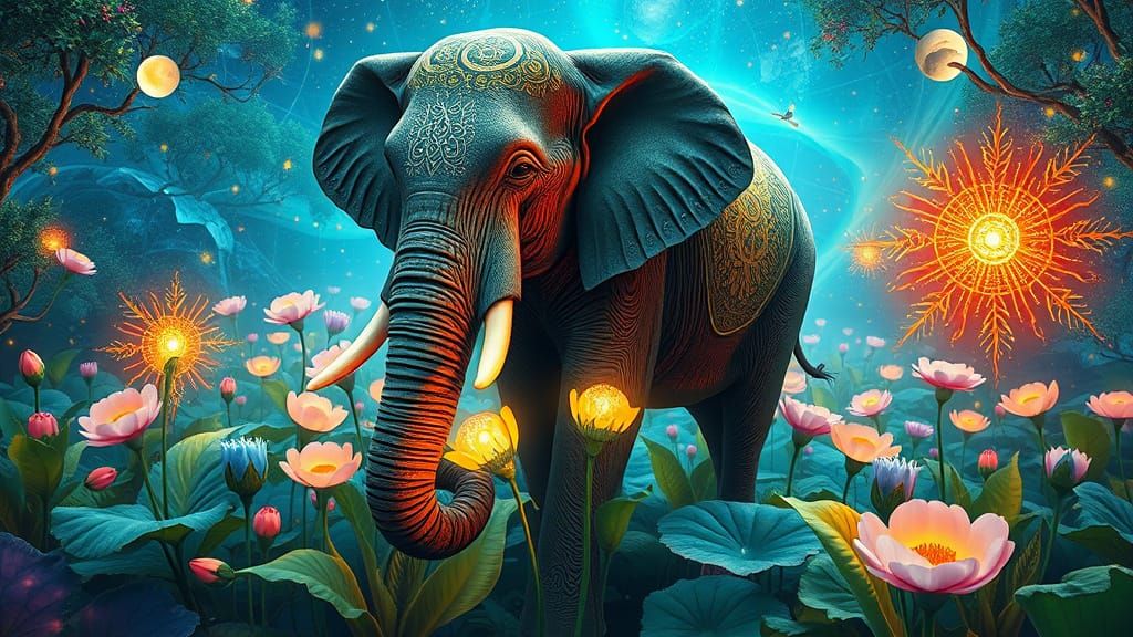 Surreal Elephant Embroidered in Cosmic Fantasy Landscape