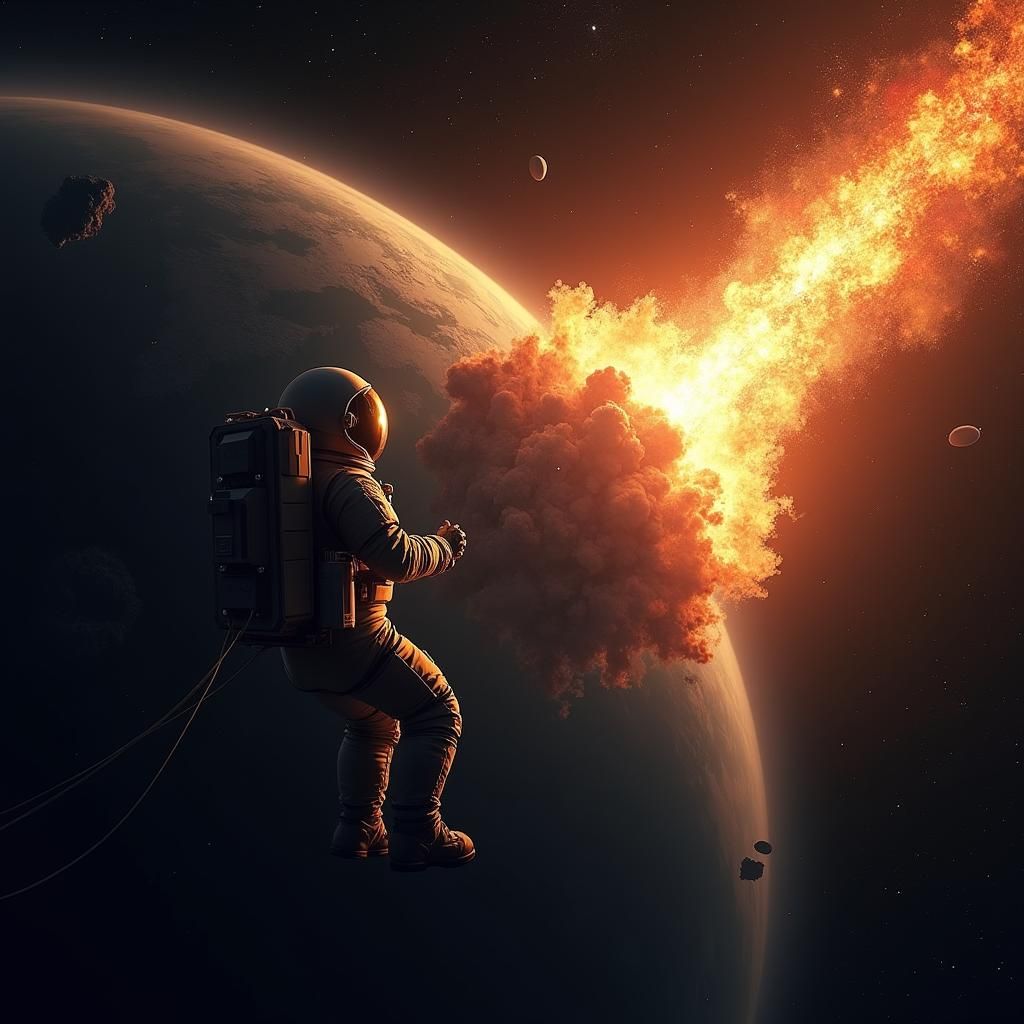 Astronaut Witnessing Earth's Destruction in Deep Space