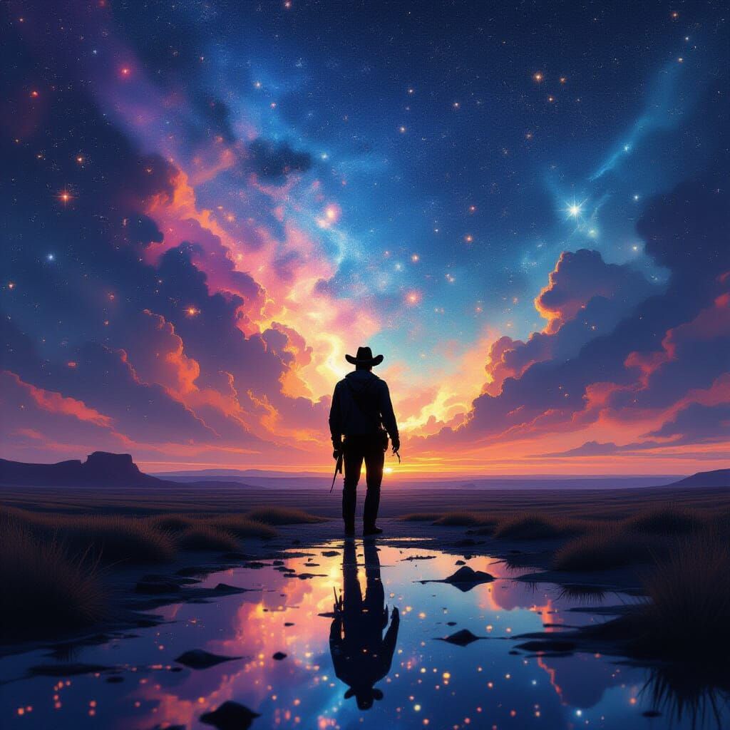 Lone Cowboy in Cosmic Silhouette