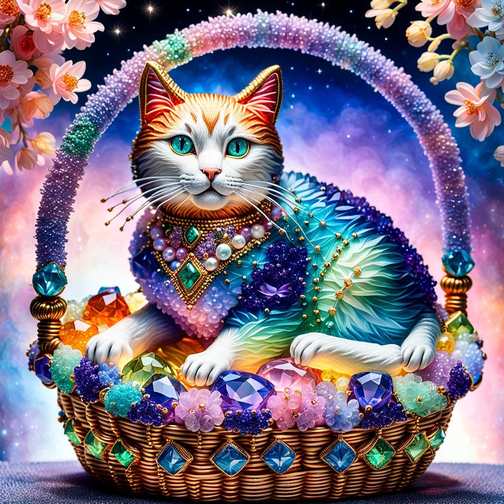 Gem-Encrusted Cat in Basket: A Beaded Masterpiece