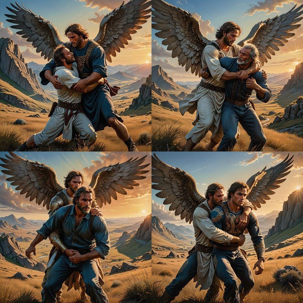 Jacob Wrestles Angel at Sunrise: Hyperrealistic Concept Art
