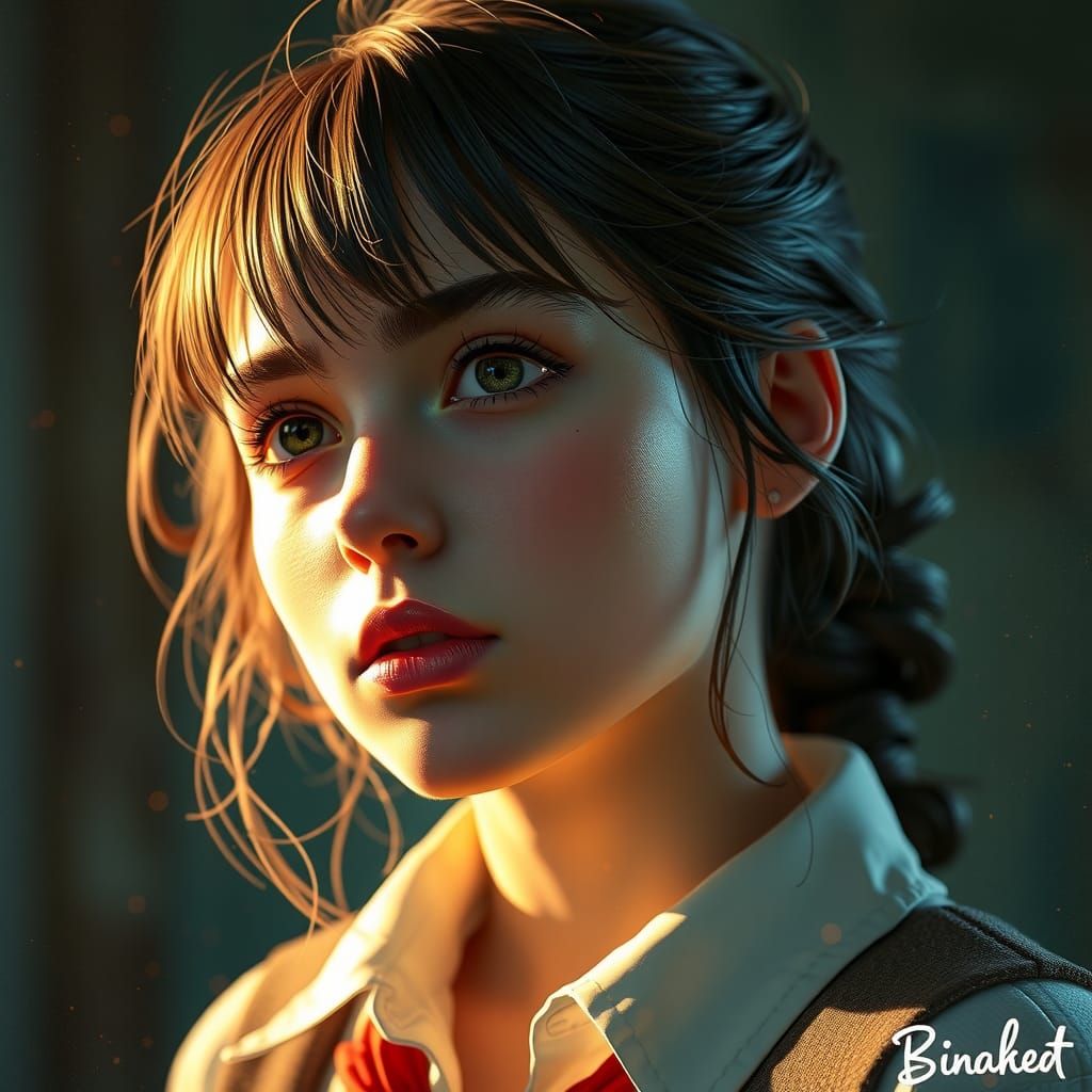 Daydreaming Schoolgirl Portrait in Hyperdetailed Style