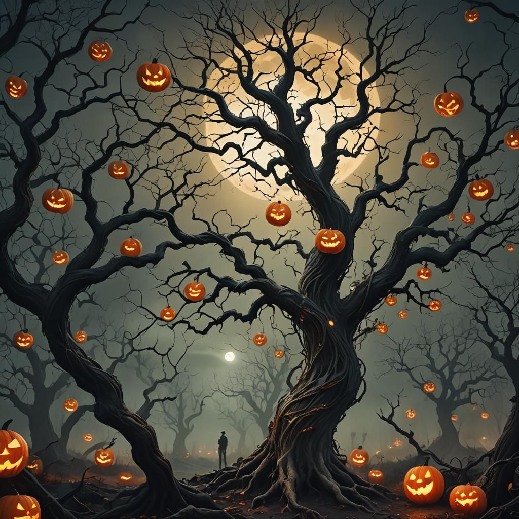 Eerie Halloween Landscape in a Surreal Digital Art Style