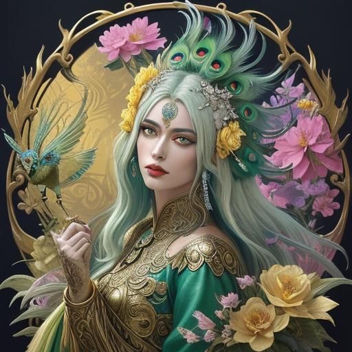 Dragon Peacock Woman with Colorful Feathers in Art Nouveau