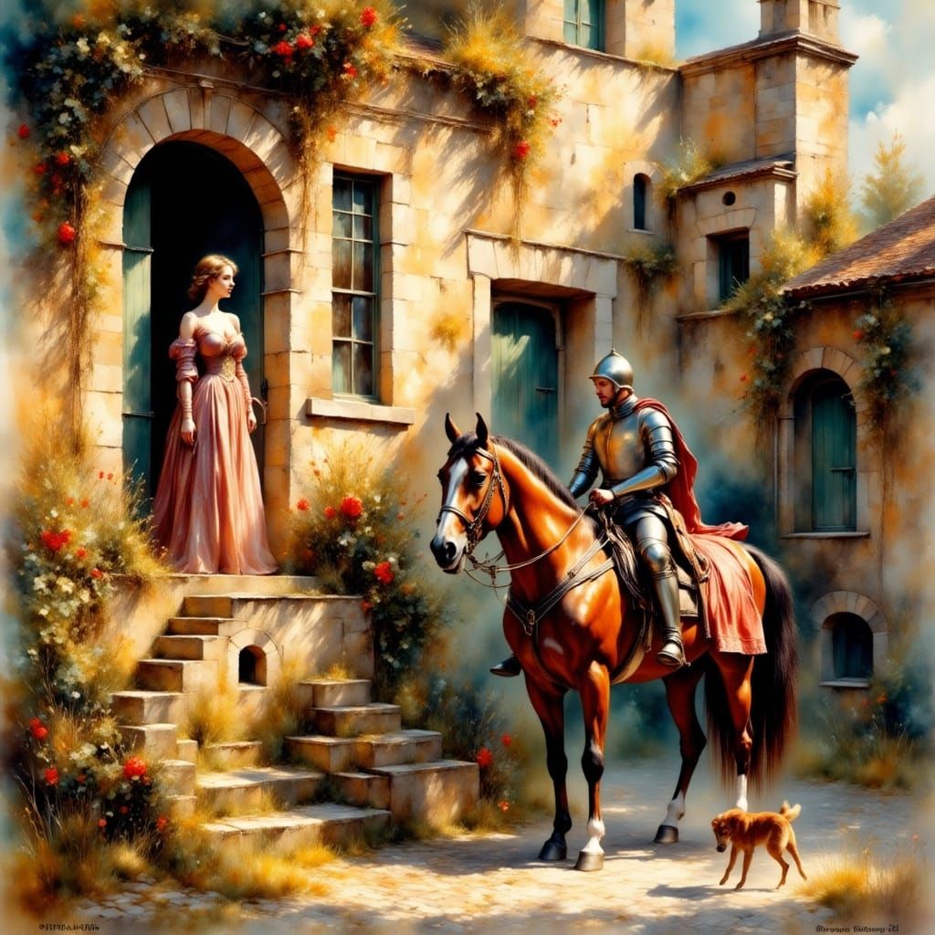 Woman on Balcony with Knight, Hyperrealistic Illustration