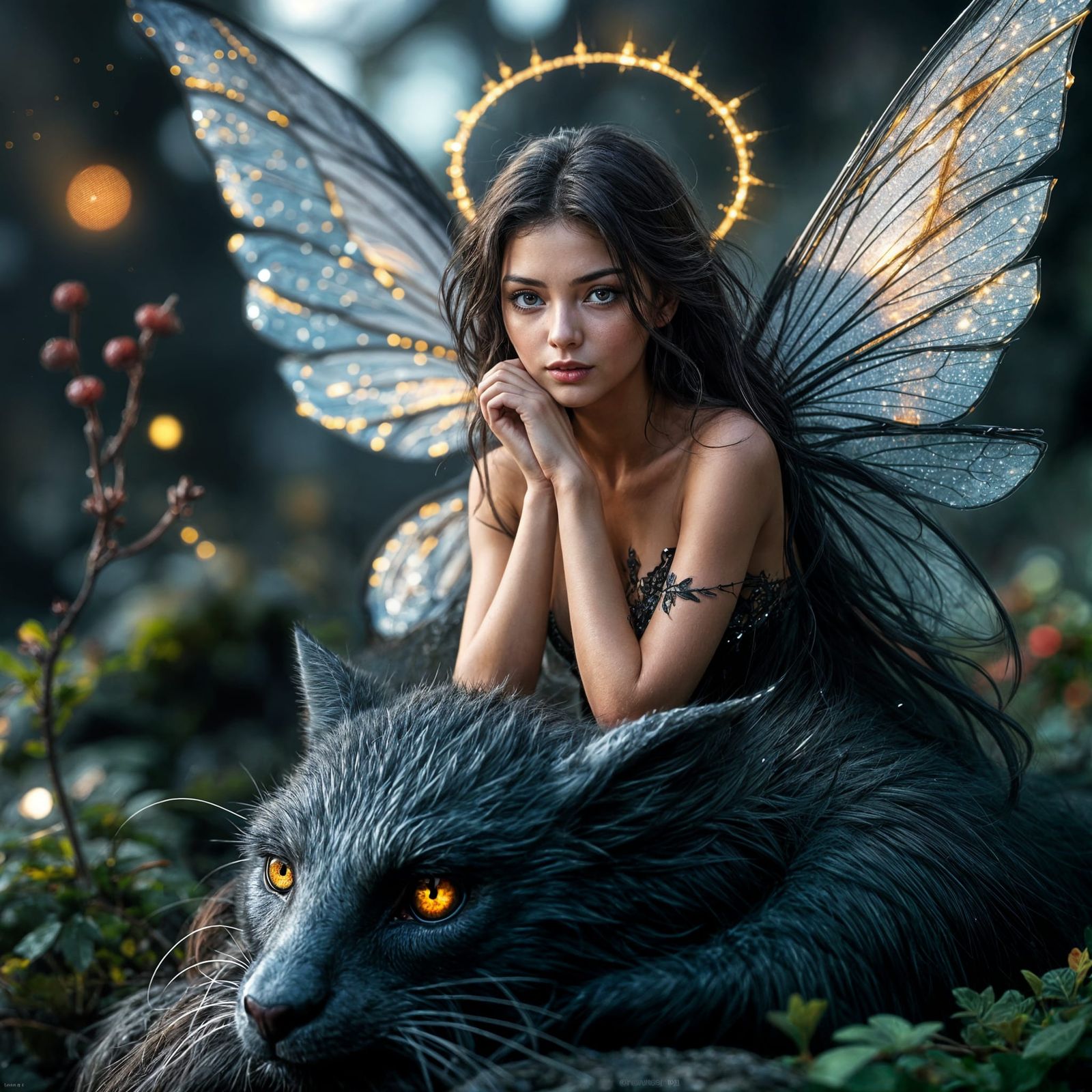 Beautiful Fairy on Black Panther at Sunset