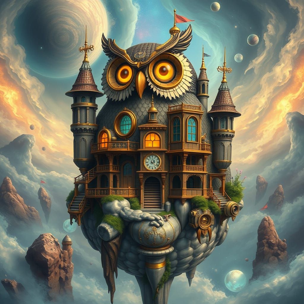 Steampunk Owl Castle Floating in Nebula