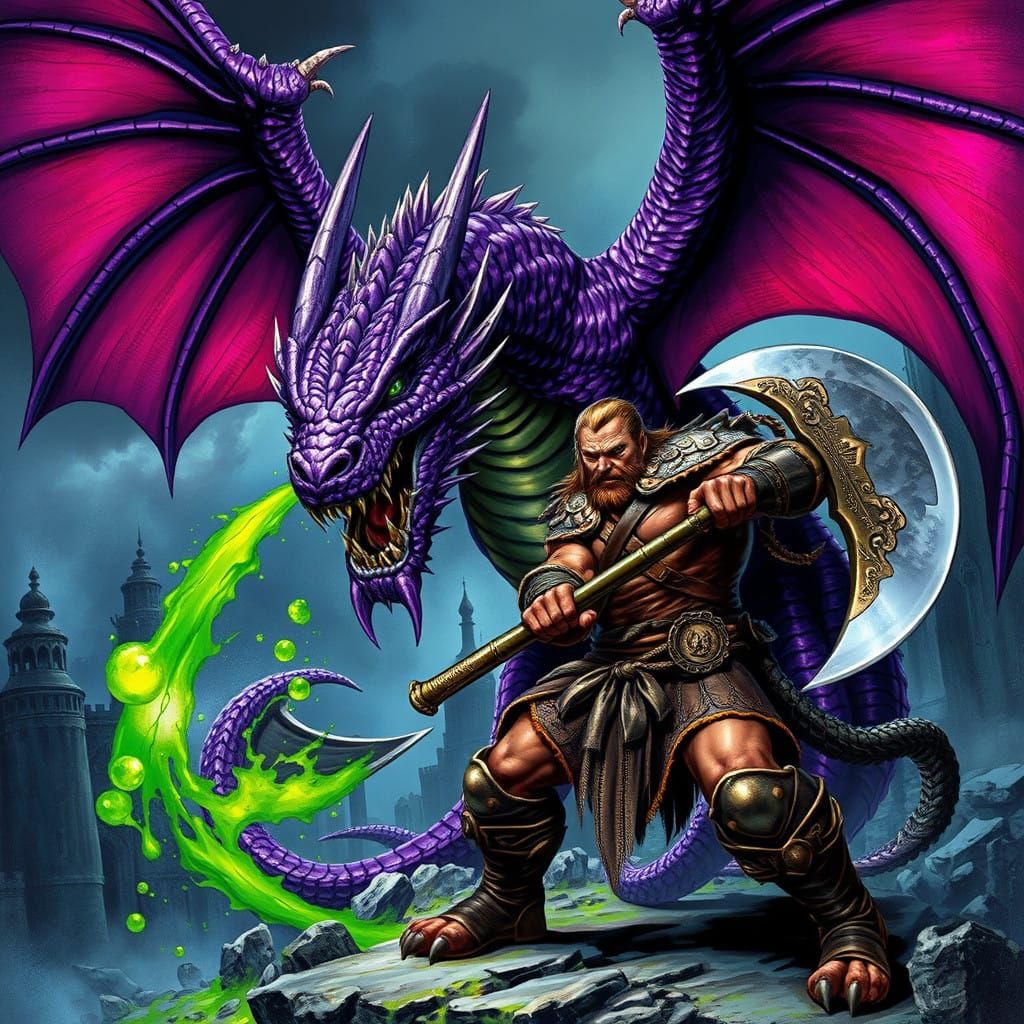 Fantasy Dragon Unleashes Green Acid on Clad Warrior Amidst D...