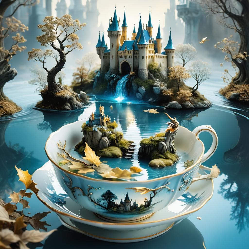 Enchanted Forest Castle in Teacup, Fantasy Art