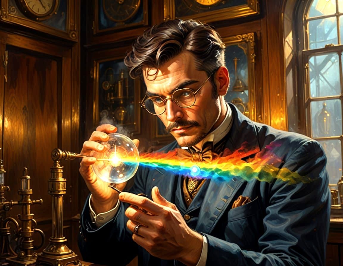 Steampunk Scholar's Light Prism Experiment in Oil Painting S...