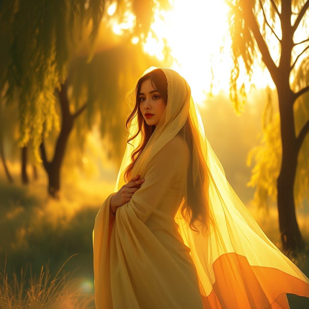 Ethereal Woman in Golden Light, Impressionist Style