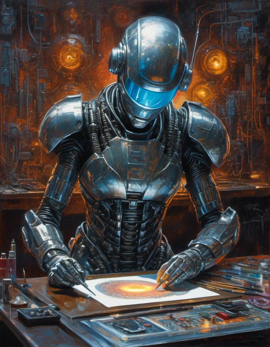Cyborg Robot Artist in Retro Sci-Fi Style