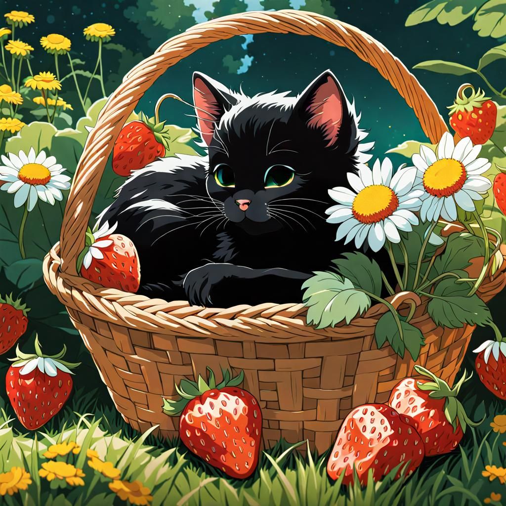 Cottagecore Kitten's Strawberry Nap: Studio Ghibli Style